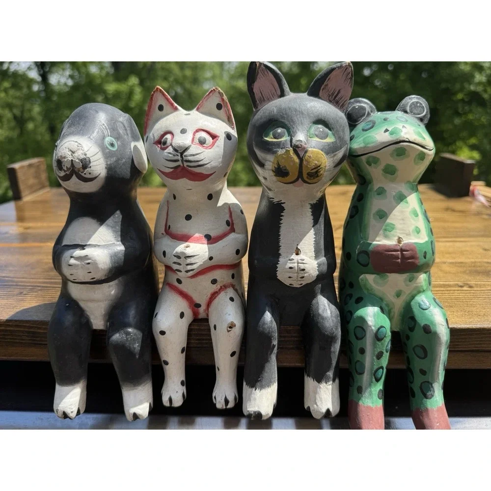 Vintage Hand Carved Wood Folk Art Animals Cat Frog Dog Indonesian Set
